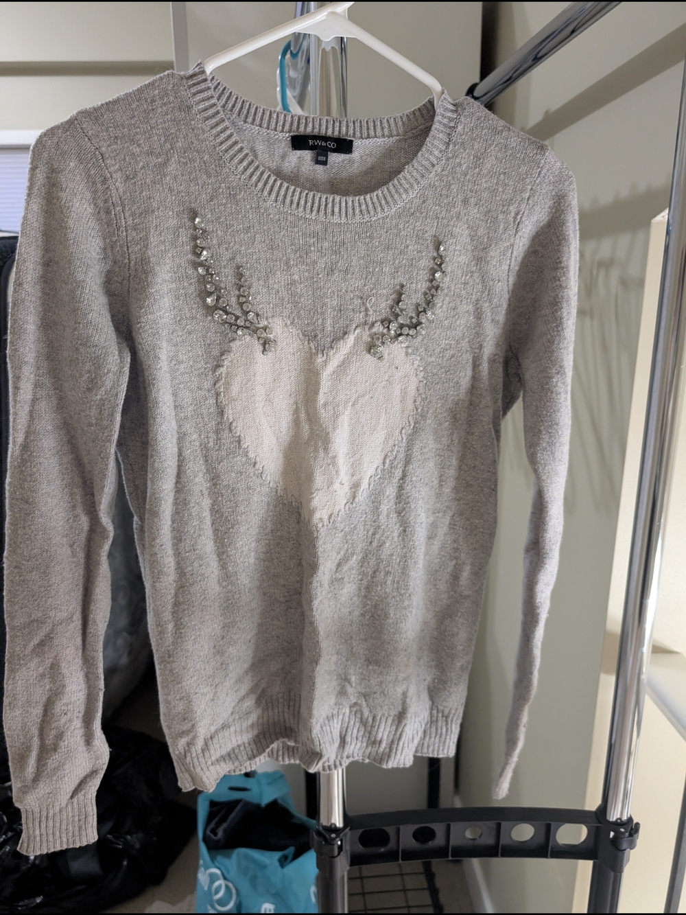 RW&CO. Gray Crewneck Sweater with Cream Heart and Embellishment